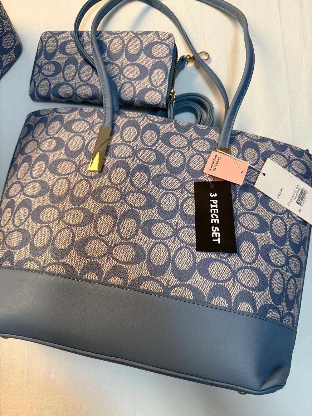 Inspired 3-Piece Signature Monogram Tote Bag Set in Blue